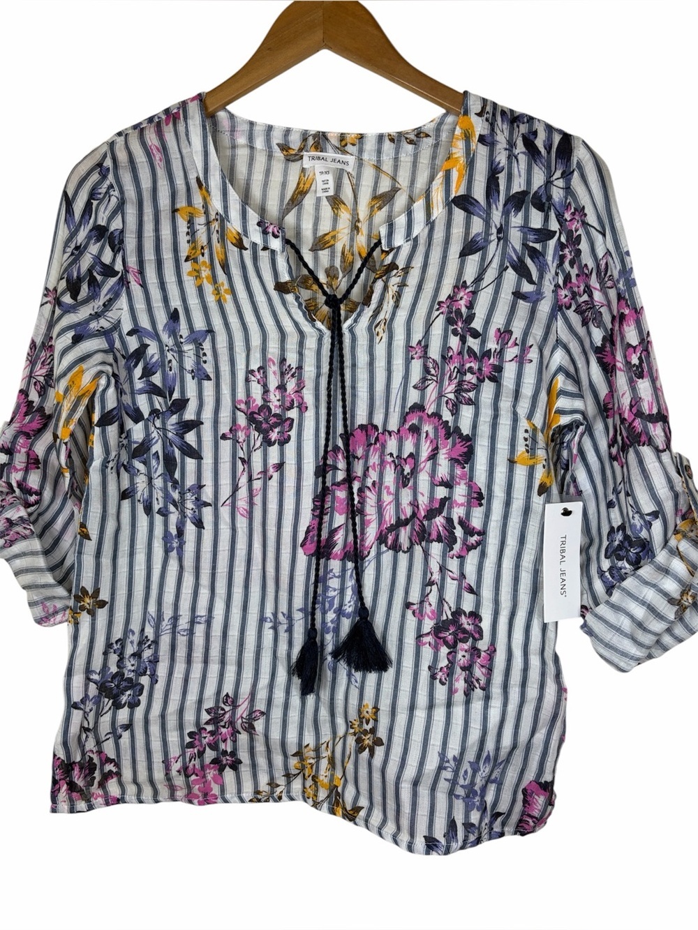 Tribal Jeans Floral Striped Blouse XS Tie Neck Tassel Boho Lightweight Top NWT